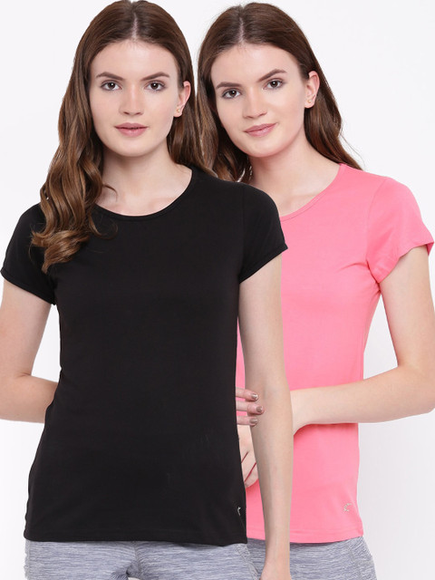 

Kanvin Women Pack Of 2 Black & Pink Solid Lounge Tshirts