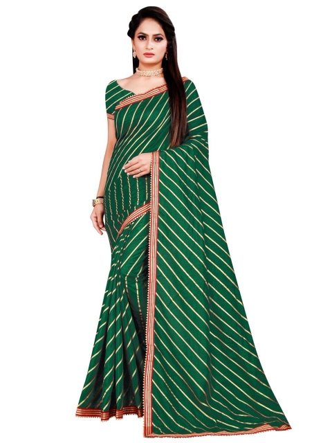 

SAADHVI Green & Gold-Toned Striped Silk Blend Saree