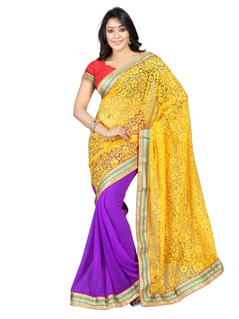 

SAADHVI Yellow & Violet Floral Brasso Saree