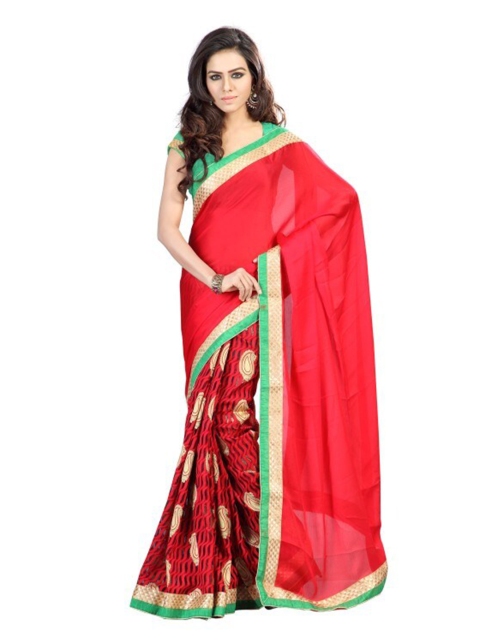 

SAADHVI Red & Green Ethnic Motifs Pure Chiffon Saree