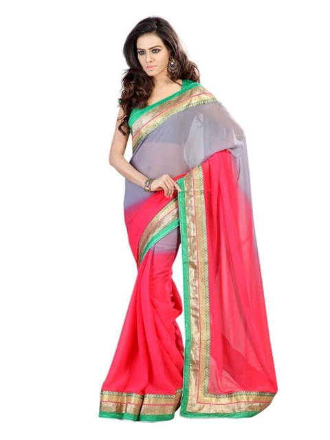 

SAADHVI Grey & Pink Colourblocked Pure Chiffon Saree