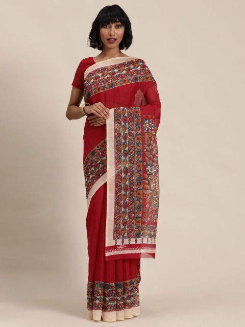 

SAADHVI Red & Green Ethnic Motifs Printed Pure Cotton Saree