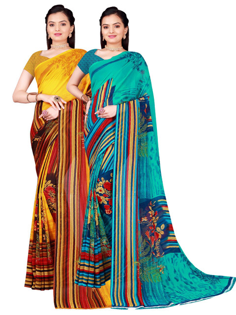 

SAADHVI Teal & Yellow Set of 2 Floral Printed Pure Georgette Saree