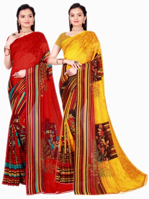 

SAADHVI Pack Of 2 Red & Yellow Floral Pure Georgette Saree