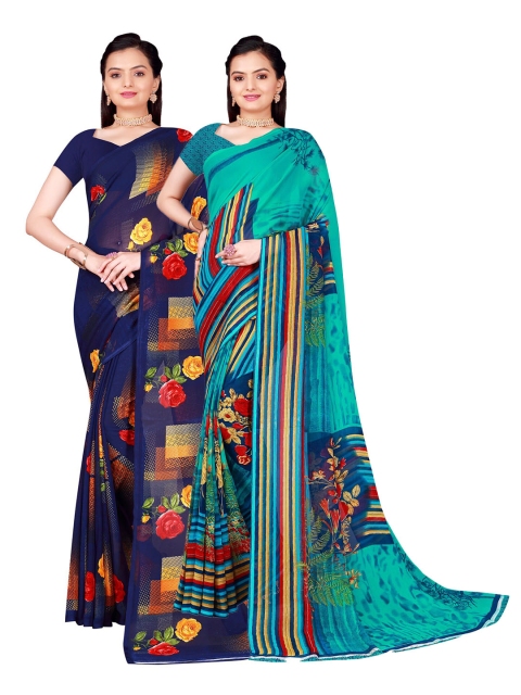 

SAADHVI Teal & Navy Blue Set Of 2 Floral Printed Pure Georgette Saree