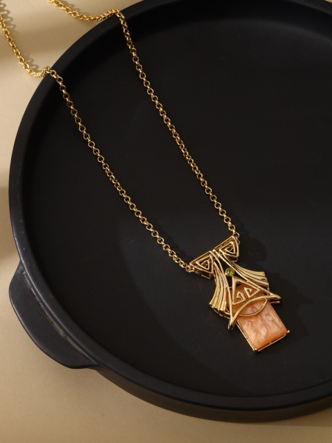 

shaze Gold-Plated Orange Stone Studded Girder Pendant With Chain