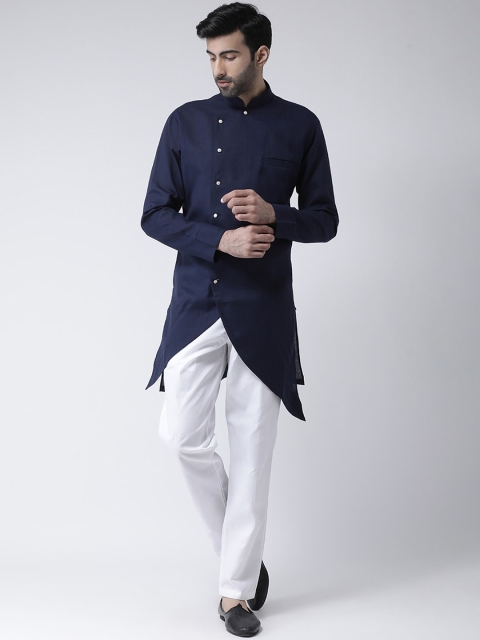 

SG LEMAN Men Navy Blue Angrakha Raw Silk Kurta with Pyjamas