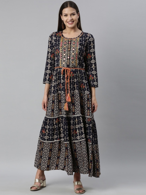 

Neerus Women Navy Blue Geometric Printed Keyhole Neck Flared Sleeves Anarkali Kurta