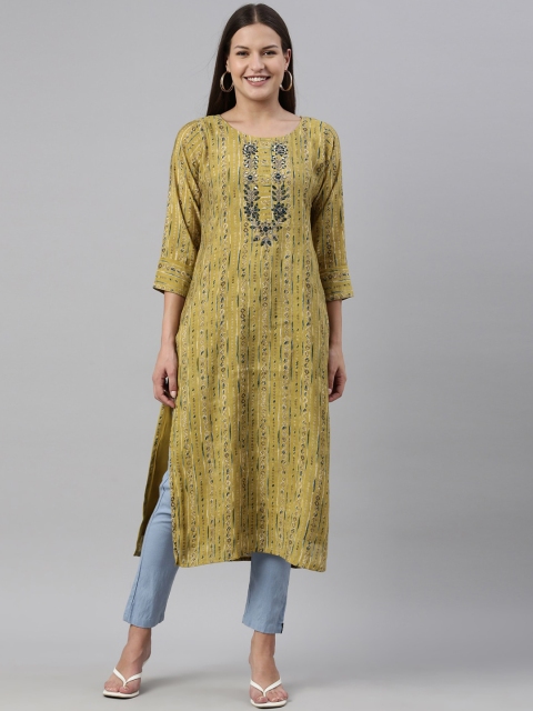 

Neerus Women Green Printed Mirror Work Georgette Kurta