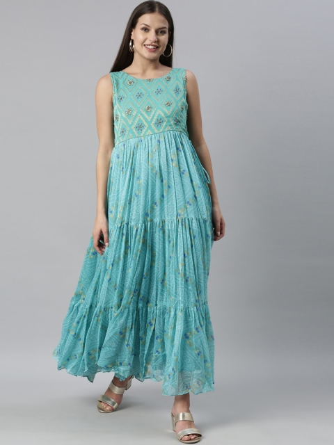 

Neerus Women Turquoise Blue Bandhani Printed Embellished Crepe Anarkali Kurta