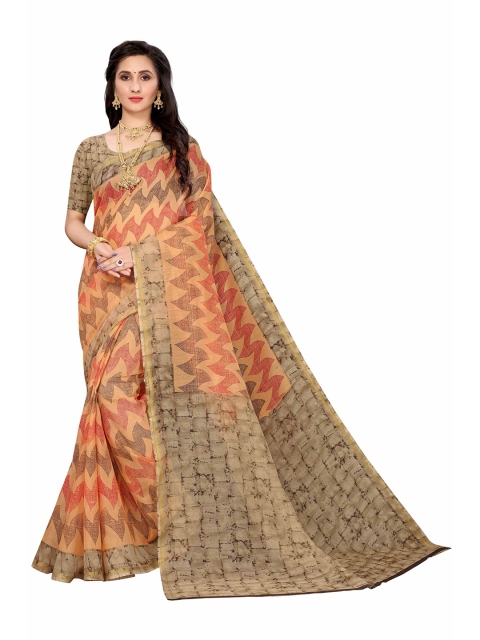 

AADVIKA Orange & Beige Linen Blend Ready to Wear Saree