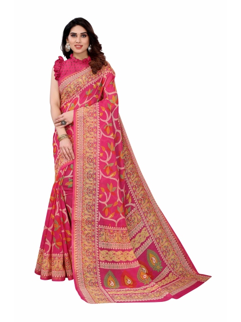 

AADVIKA Pink & White Floral Linen Blend Saree