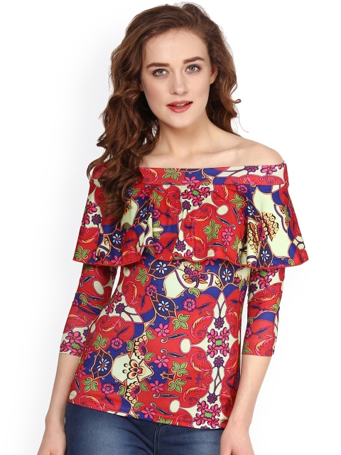 

SASSAFRAS Red Floral Print Bardot Layered Top