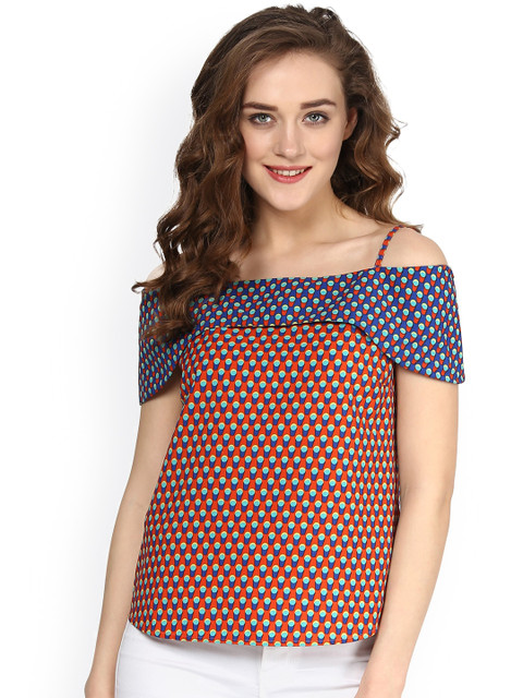 

SASSAFRAS Orange & Blue Printed Bardot Top