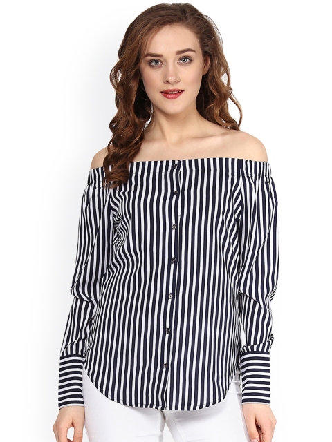

SASSAFRAS Black & White Striped Bardot Top
