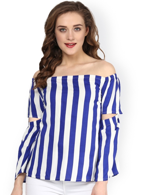 

SASSAFRAS Blue & White Striped Off-Shoulder Top