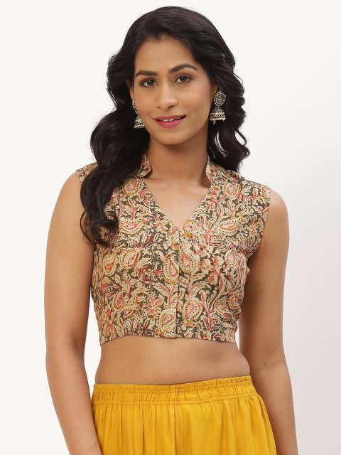 

Molcha Beige & Pink Ethnic Motifs Kalamkari Printed Sleeveless Blouse