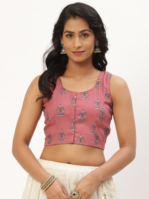

Molcha Pink & Blue Ethnic Motifs Printed Non Padded Front Open Cotton Sleeveless Blouse