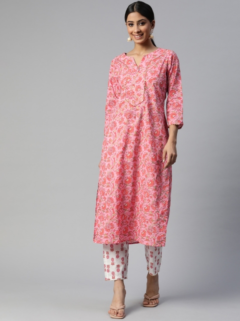 

SVARCHI Women Pink & White Ethnic Motifs Printed Pure Cotton Kurta with Trousers