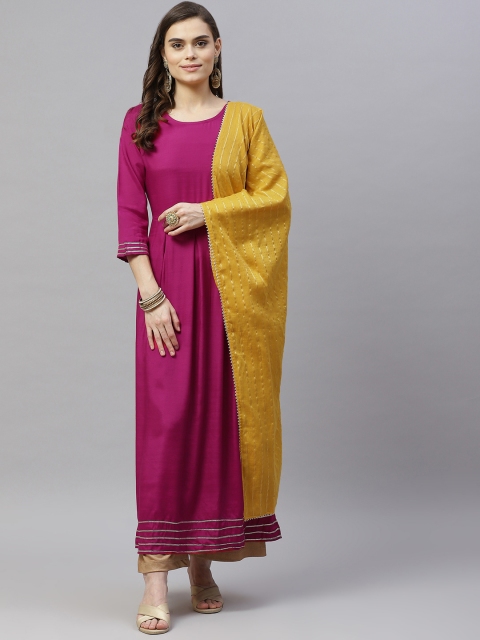 

SVARCHI Women Pink & Mustard Yellow Gotta Patti Anarkali Kurta With Dupatta
