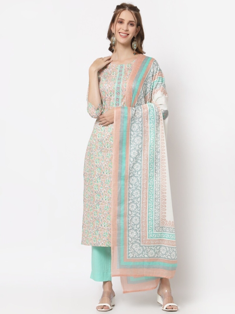 

KAMI KUBI Pink & Blue Printed Unstitched Pure Cotton Dress Material