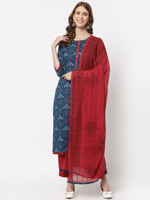 

KAMI KUBI Blue & Red Ikkat Printed Unstitched Dress Material
