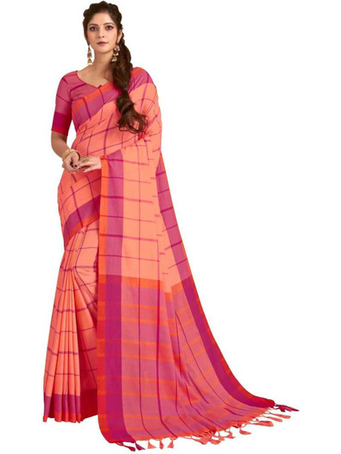 

KALINI Orange & Pink Checked Silk Blend Saree
