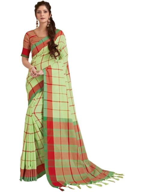 

KALINI Green & Red Checked Silk Blend Saree