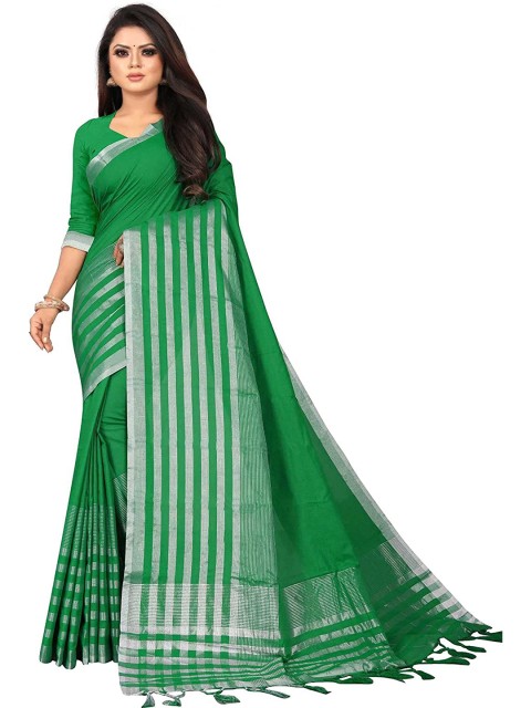 

KALINI Green & Silver-Toned Striped Zari Silk Blend Saree