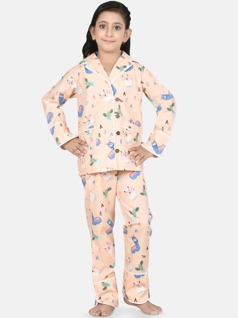 

Growing Tree Girls Peach-Coloured & Blue Printed Night suit