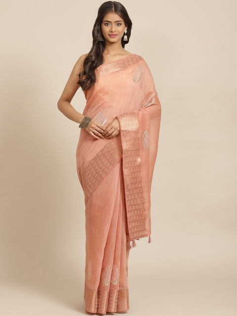 

Sangria Peach-Coloured & Silver Ethnic Motifs Saree