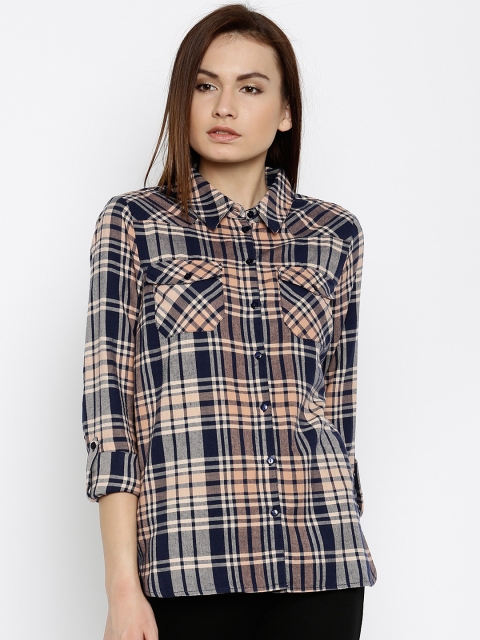 

Vero Moda Women Peach & Navy Regular Fit Checked Casual Shirt