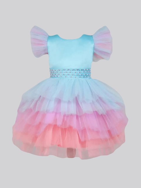 

The Magic Wand Blue Girls Tie and Dye Colourblocked Fit & Flare Net Dress
