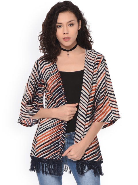 

PURYS Orange & Navy Printed Shrug