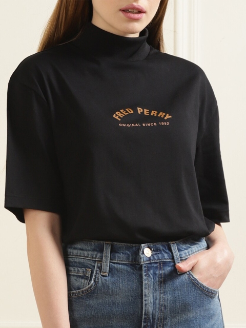 

Fred Perry Women Black Typography Printed Turtle Neck Drop-Shoulder Sleeves Pure Cotton T-shirt