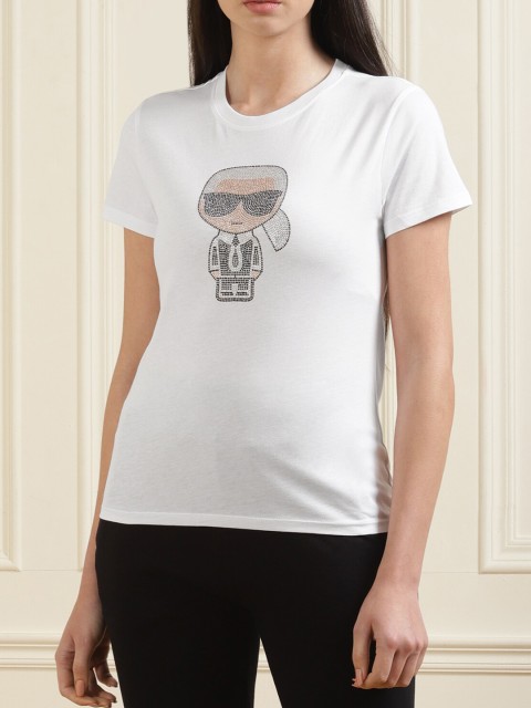 

Karl Lagerfeld Women White & Black Printed Embellished Pure Cotton T-shirt