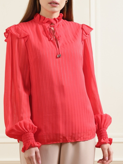 

Ted Baker Coral Pink Striped Tie-Up Neck Bishop Sleeves Ruffles Top
