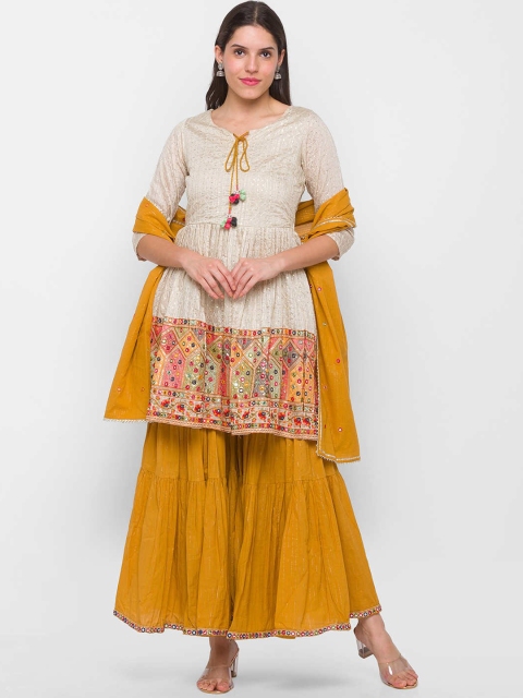 

ZOLA Women Cream-Coloured Ethnic Motifs Embroidered Pleated Sequinned Kurti with Sharara & With Dupatta