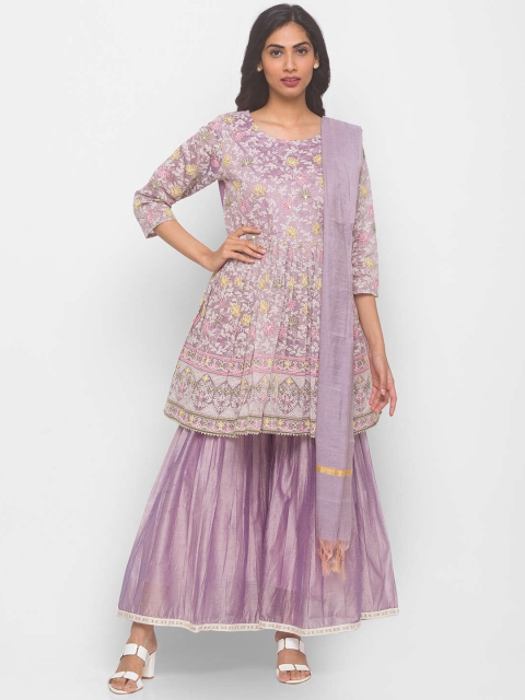 

ZOLA Women Purple Floral Embroidered Angrakha Kurti with Sharara & With Dupatta