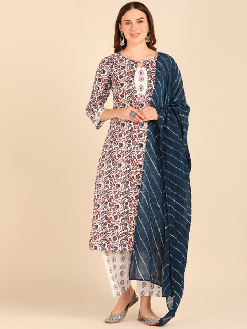 

VEDANA Women Navy Blue Floral Printed Pure Cotton Kurta with Trousers & With Dupatta