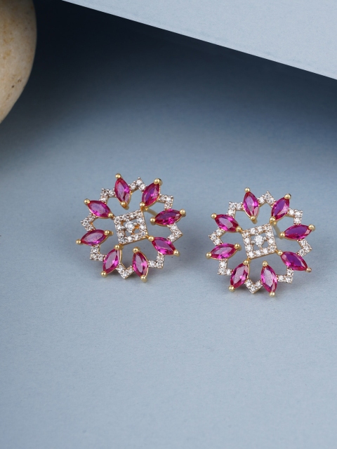 

Studio Voylla Gold Plated American Diamond CZ Brass Silver Stud Earrings, Pink