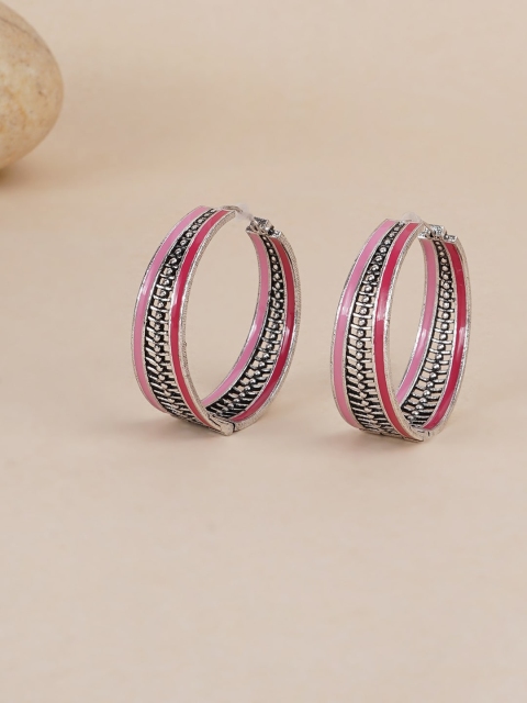 

Studio Voylla Pink Silver-Toned Trendy Hoops Three Layered Modern Styled Earrings