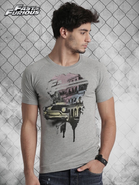 

Roadster Fast and Furious Men Grey Melange Printed Round Neck T-shirt
