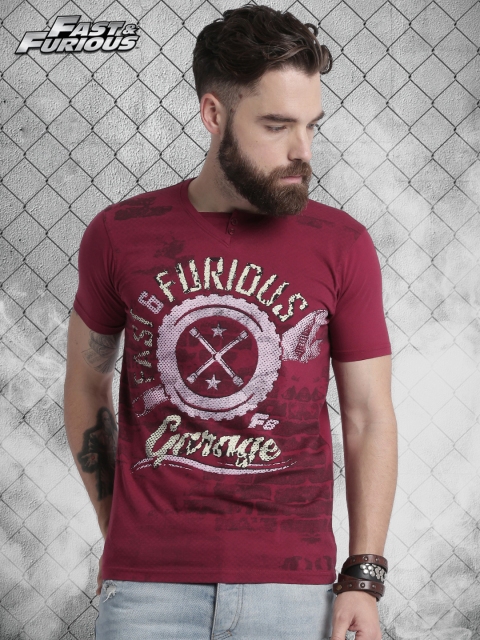 

Roadster Fast and Furious Maroon Printed T-shirt