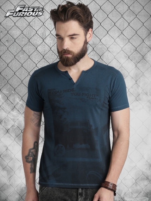 

Roadster Fast and Furious Men Teal Blue Printed Henley T-shirt