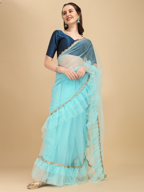 

Sangria Blue & Navy Blue Zardozi Net Ruffles Saree