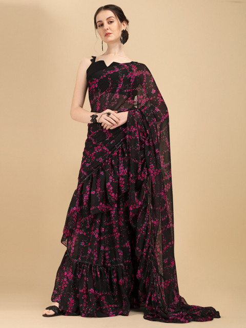 

Sangria Black Floral Ruffles Saree