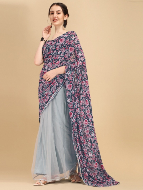 

Sangria Navy Blue & Grey Floral Gotta Patti Half and Half Saree