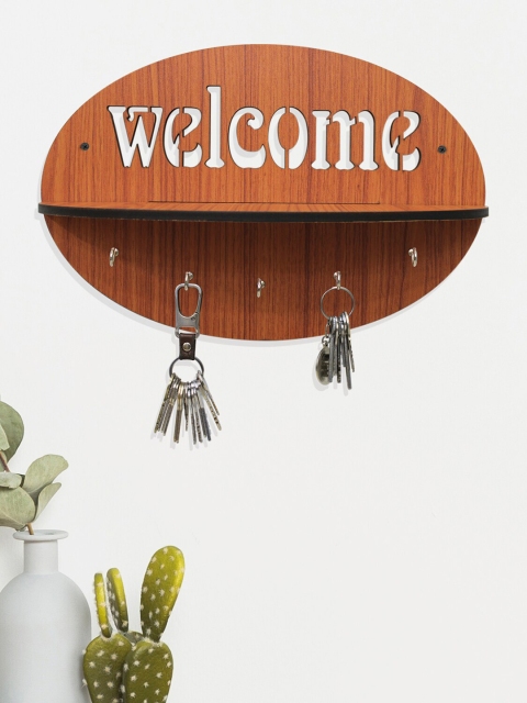 

RANDOM Brown & White Welcome Printed Wooden Key Holder With 5 Hooks