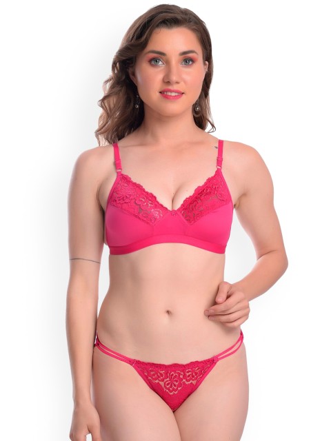 

Fleurt Pink Self-Design Lace Lingerie Set